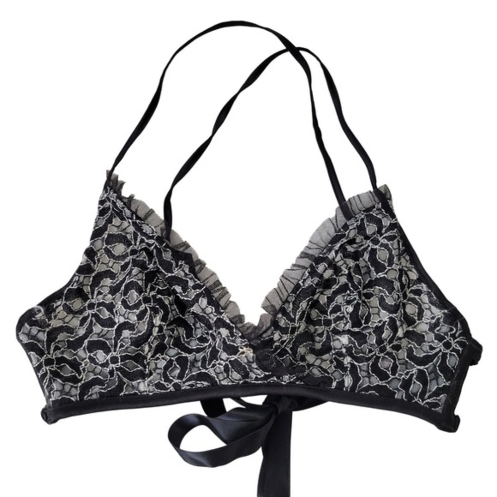 Victoria's Secret Black Lace Demi Unlined Bra 34C Strappy‎ Back Tie Back White